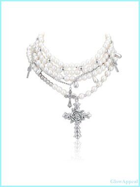 Layered Pearl Cross Necklace Set Gothic Chunky Rhinestone Necklace Women